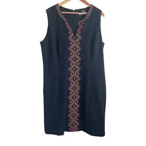 Peter Nygard Women Midi Dress 16 Black Textured‎ Colorful Embroidered Aztec Trim